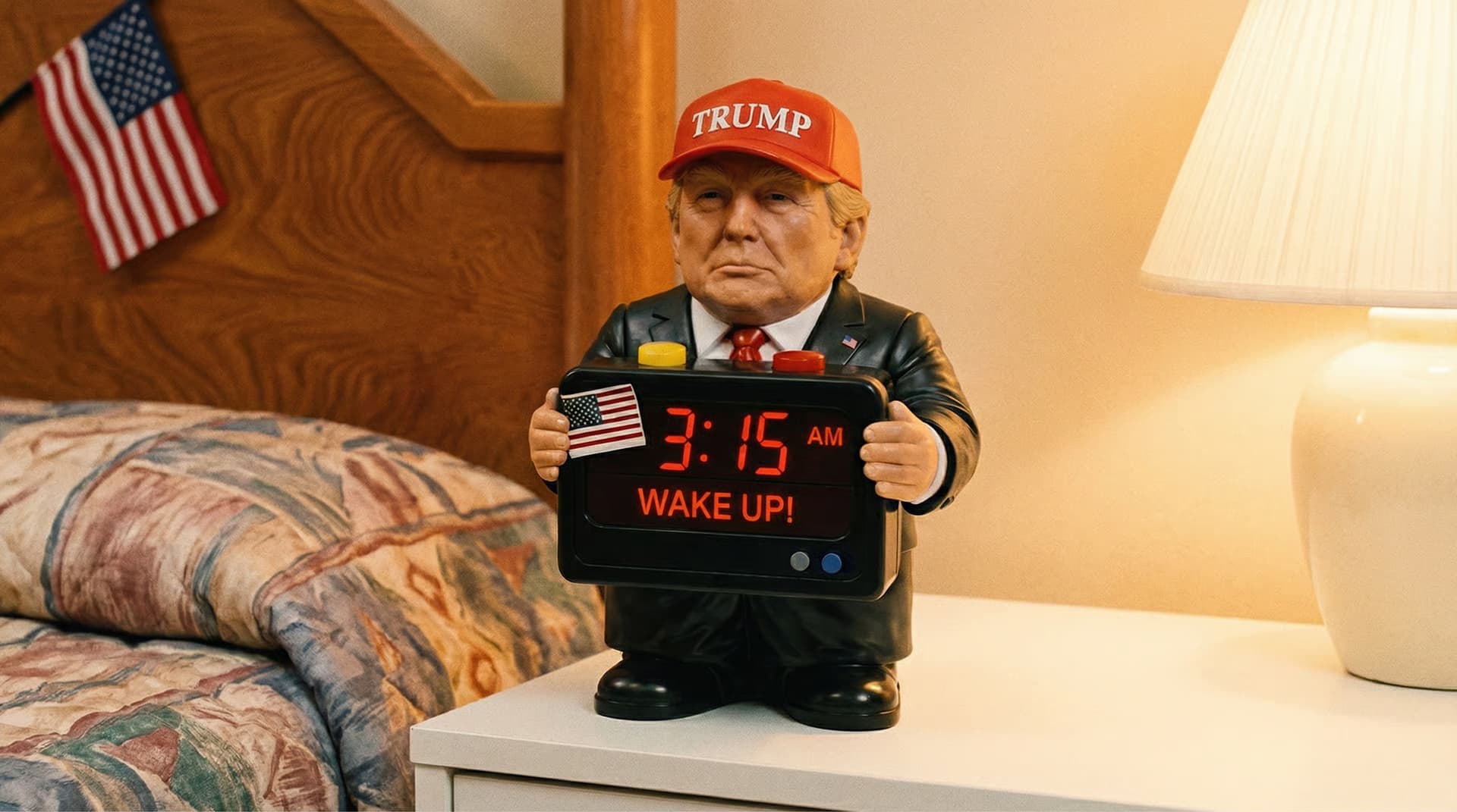 Trump Clock on nightstand showing 3:15 AM WAKE UP